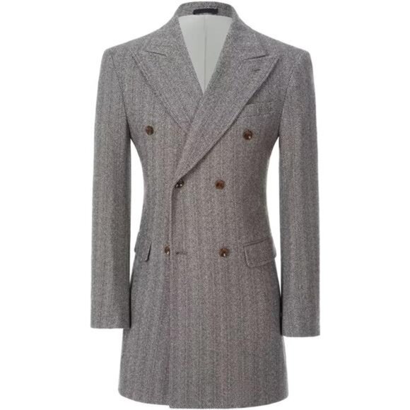 Men's Herringbone Wool Blend Trench Coat Peaked Collar Long Jacket Overcoat
